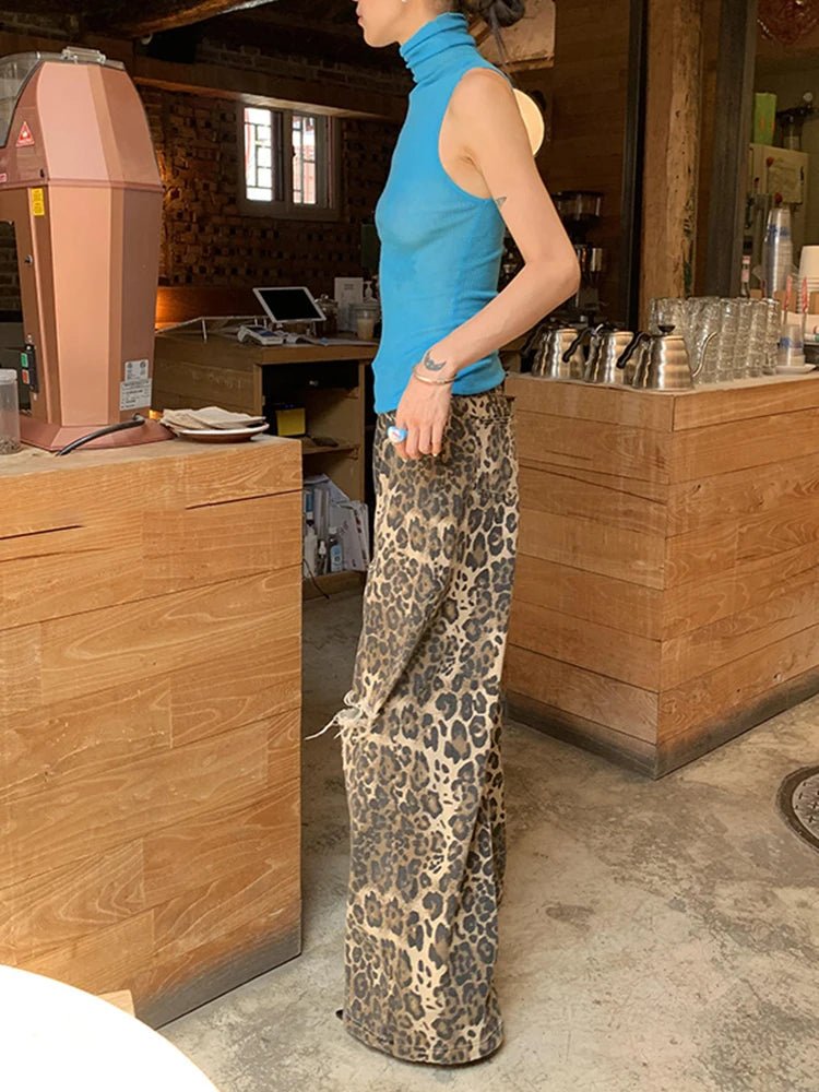Leopard Ripped Wide Leg Jeans - Image 4