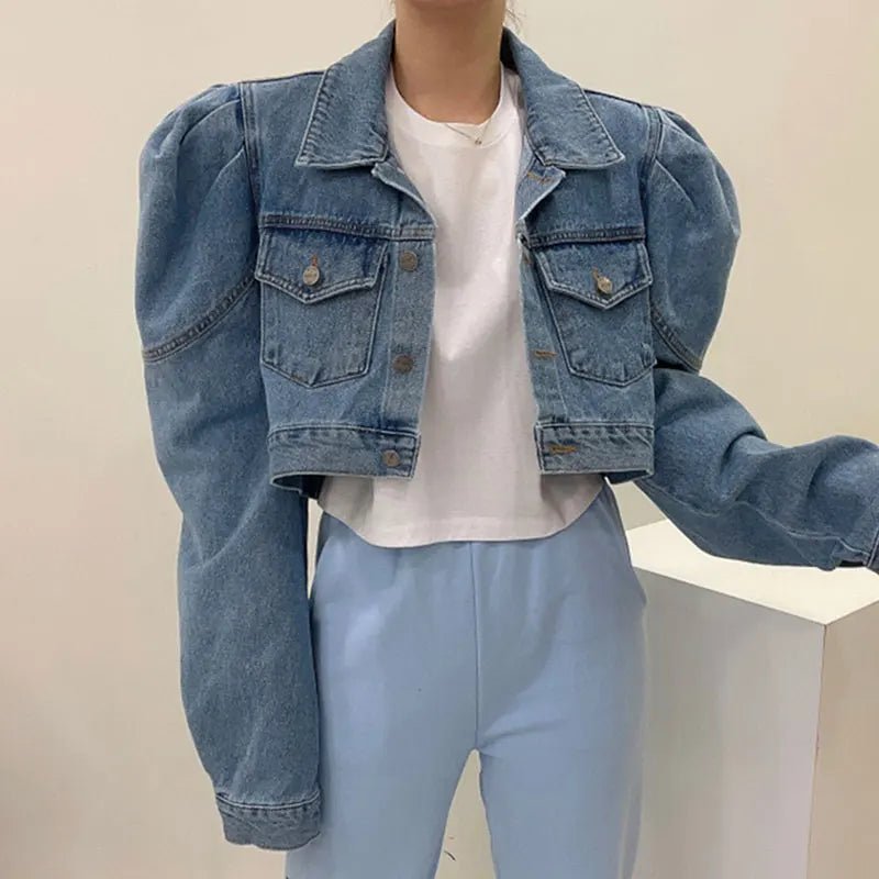 Puff Sleeve Vintage Denim Jacket - Image 3
