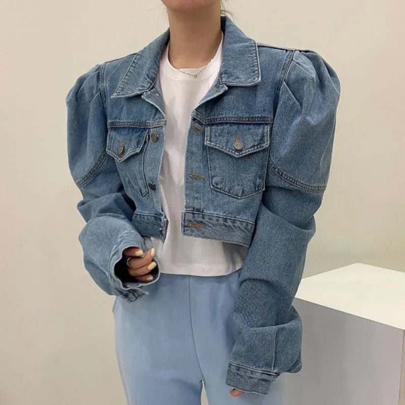 Puff Sleeve Vintage Denim Jacket - Image 4